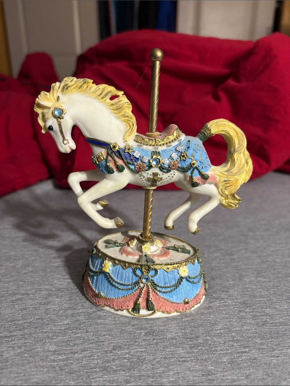 Heritage Carousel Horse Figurine in White, Blue & Gold with Pink Accents